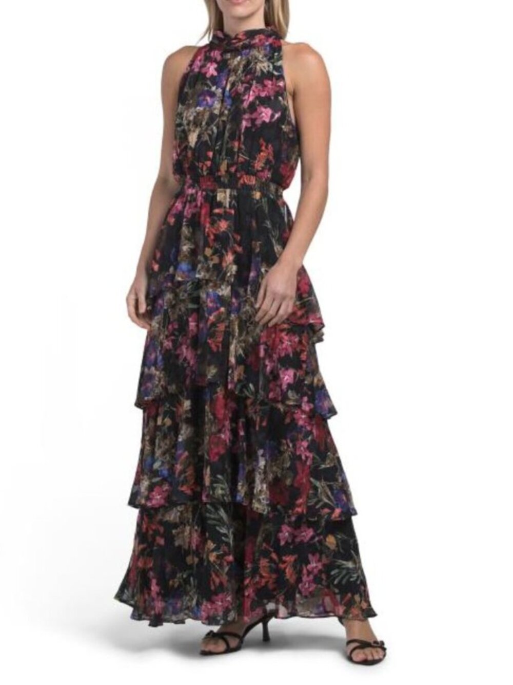 LIVIA JOLIE Burnout Chiffon Tiered Halter Maxi Dress